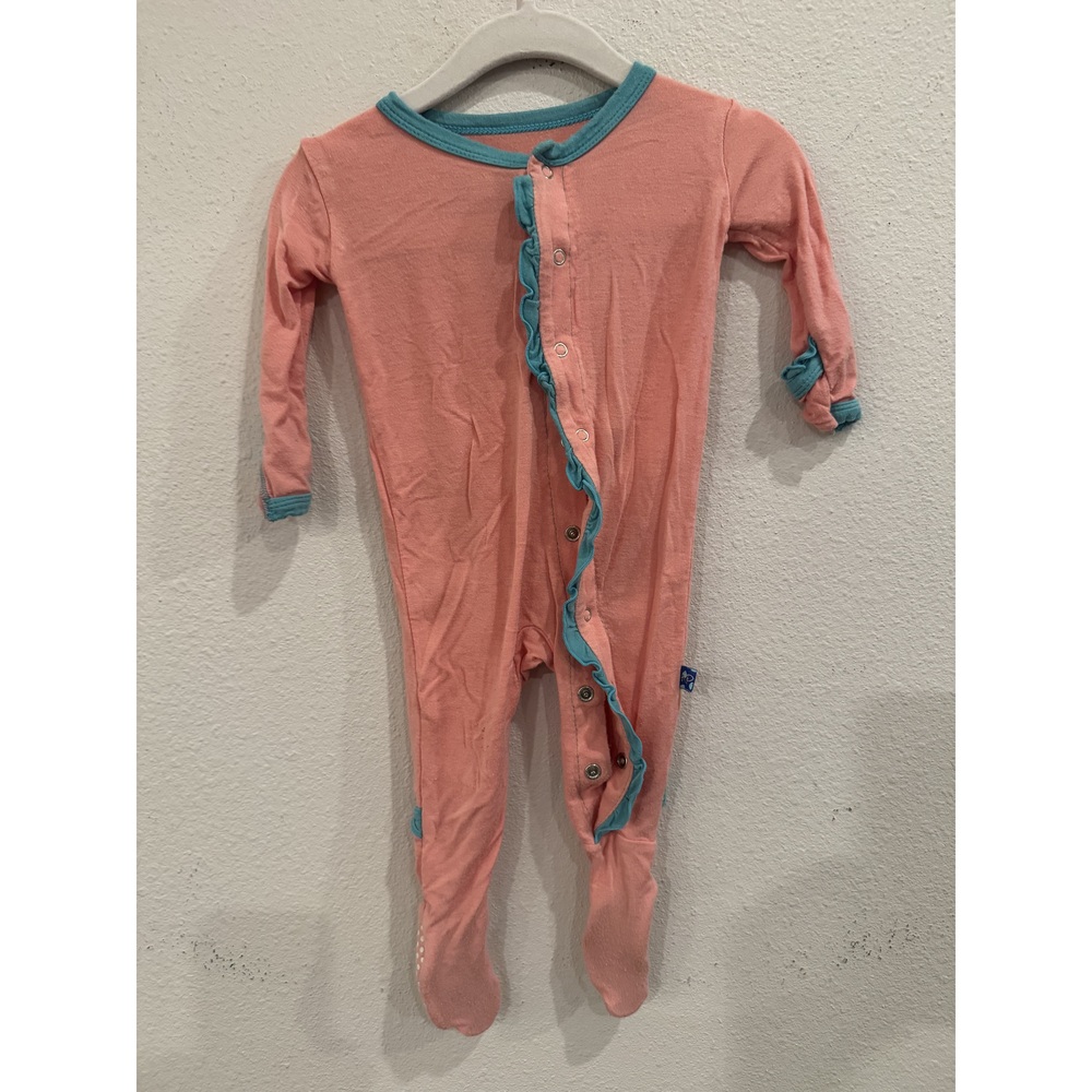 Kickee Pants Coral Pink & Teal Baby Footie Pajamas 3-6 Months
